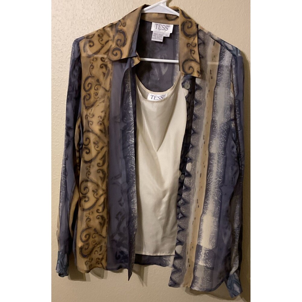 90s Vintage Tess 100% Silk 2 pc Sheer Blouse Set w/ Cream Tank Mother of Pearl M